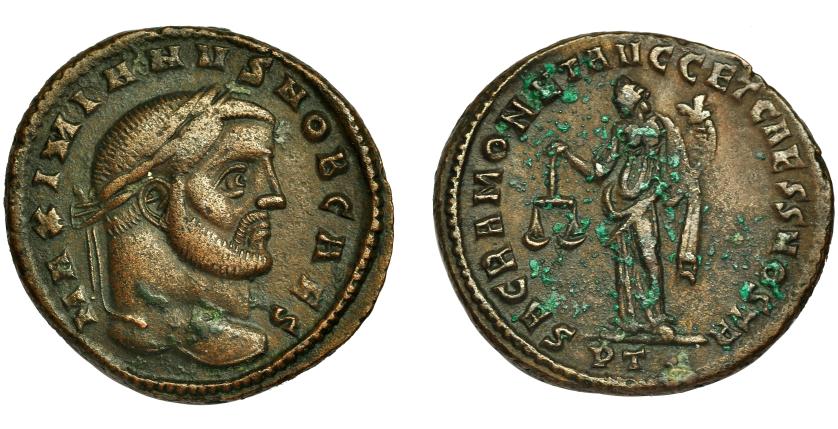 231   -  GALERIO MAXIMIANO. Follis. Ticinum (300-303). R/ SACRA MONETA AVGG ET CAESS NOSTR, exergo PT. . AE 11,08 g. 28 mm. RIC-43b. Concreciones. MBC.