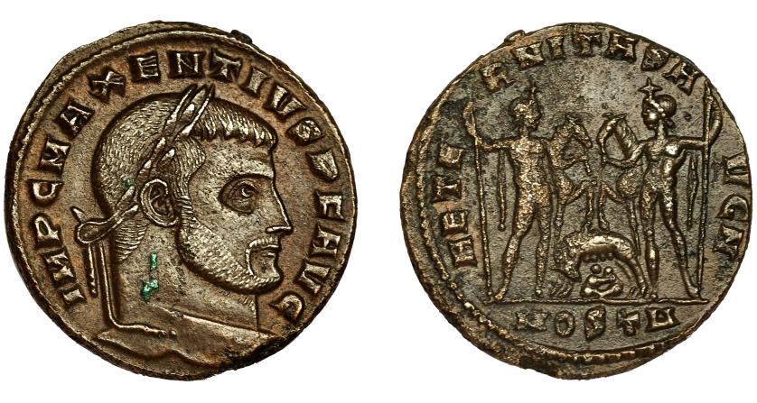 239   -  MAJENCIO. Follis. Ostia (309). R/ Cástor y Pollux sujetando sus caballos; AETERNITAS AVG N, exergo MOSTA. AE 6,00 g. 23 mm. RIC-16. Pequeñas marcas. MBC+.