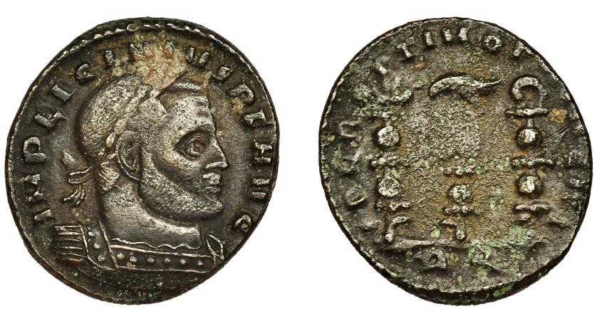 242   -  LICINIO I. Follis. Roma (312-313). R/ SPQR OPTIMO PRINCIPI, exergo RQ. AE 4,40 g. 22 mm. RIC-305c. Concreción en anv. MBC/MBC-.