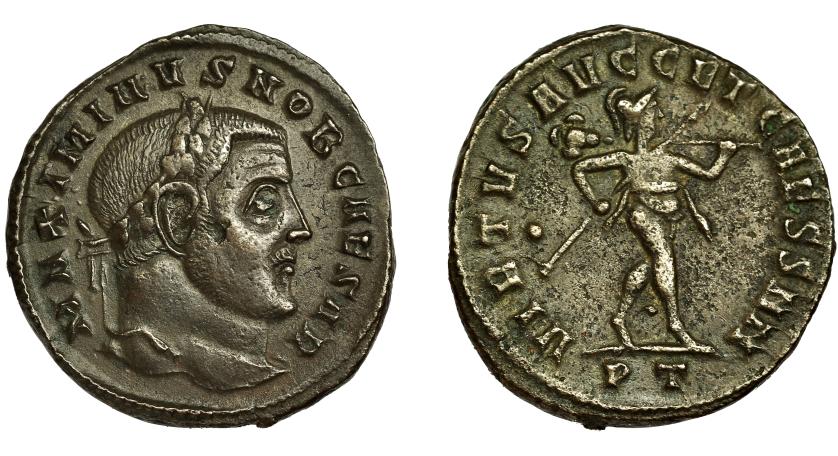 245   -  MAXIMINO II. Follis. Ticinum (305). R/ VIRTVS AVGG ET CAESS NN, punto en el campo, PT en exergo. Ae 7,82 g. 27 mm. RIC-58b. Hojita en anv. MBC.