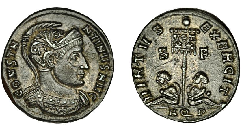 248   -  CONSTANTINO I. Follis. Aquileia (320). R/ VIRTVS EXERCIT, en el estandarte VOT/XX, en campo S-F, exergo AQP. AE 2,75 g. 18 mm. RIC-48. EBC-.