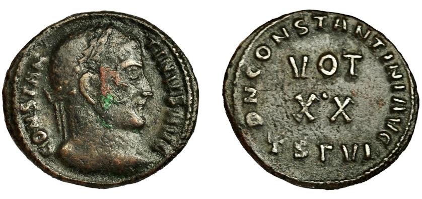 250   -  CONSTANTINO I. Follis. Tesalónica (320). R/ VOT/ XX, alrededor DN CONSTANTINI AVG, exergo. TSG(gamma) VI. AE 3,16 g. 20 mm. RIC-88. Rara. BC/MBC. 