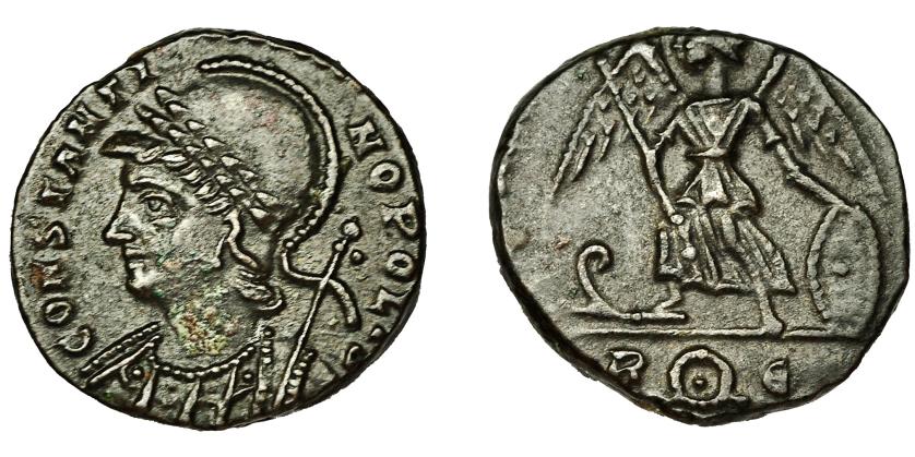 253   -  CONSTANTINO I. Follis. Aquileia (335-336). Serie conmemorativa. R/ Victoria a izq. sobre proa; AQE. AE 1,94 g. 15 mm. RIC-137. EBC-.