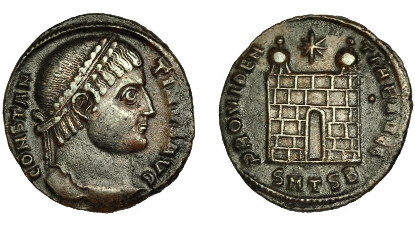 254   -  CONSTANTINO I. Follis. Tesalónica (326-328). R/ PROVIDENTIAE AVGG, en campo glóbulo, exergo SMTSB. AE 2,65 g. 20 mm. RIC-153. Leves vanos. MBC+.