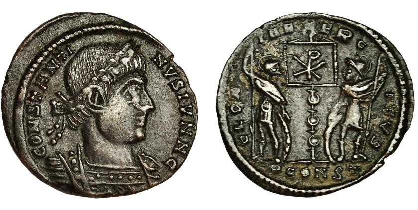 255   -  CONSTANTINO I. Follis. Arelate (336). R/ GLORIA EXERCITVS, exergo PCONST. AE 1,36 g. 17 mm. RIC-394. MBC+.