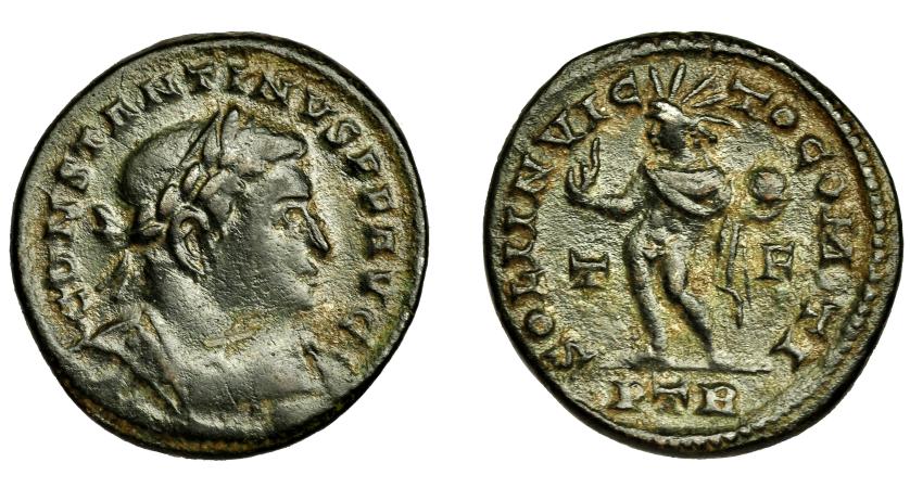 259   -  CONSTANTINO I. Follis. Treveris (310-315). R/ SOLI INVICTO COMITI, en campo T-F, exergo PTR. Ae 4,54 g. 23 mm. RIC-873. MBC-/MBC.