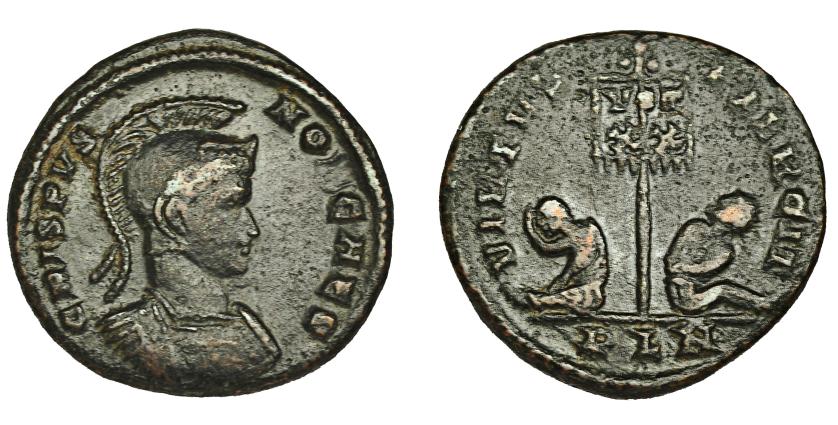 262   -  CRISPO. Follis. Londinium (320-321). R/ Estandarte con leyenda VOT/XX entre dos cautivos; exergo PLN. AE 3,18 g. 19 mm. RIC-196. MBC-.