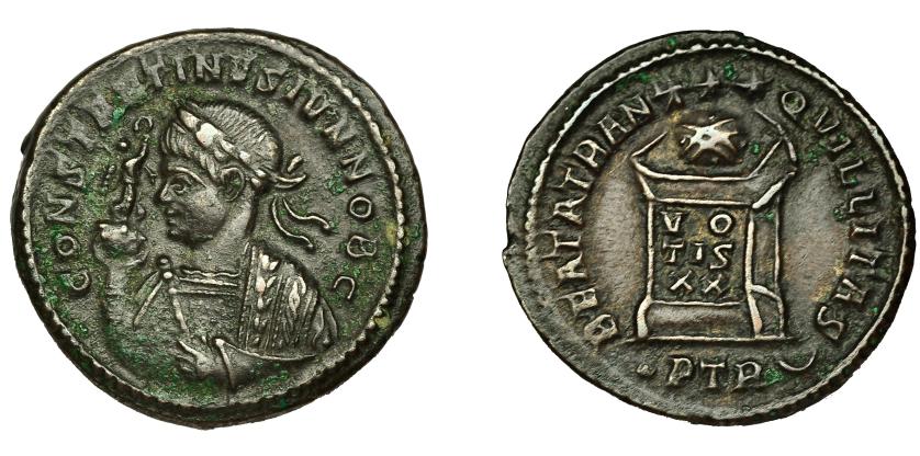 265   -  CONSTANTINO II. Follis. Treveris (323). R/ Globo sobre altar con inscripción VO/TIS/XX; BEATA TRANQVILITAS en exergo . PTR creciente. AE 2,75 g. 20 mm. RIC-414. MBC/MBC+.