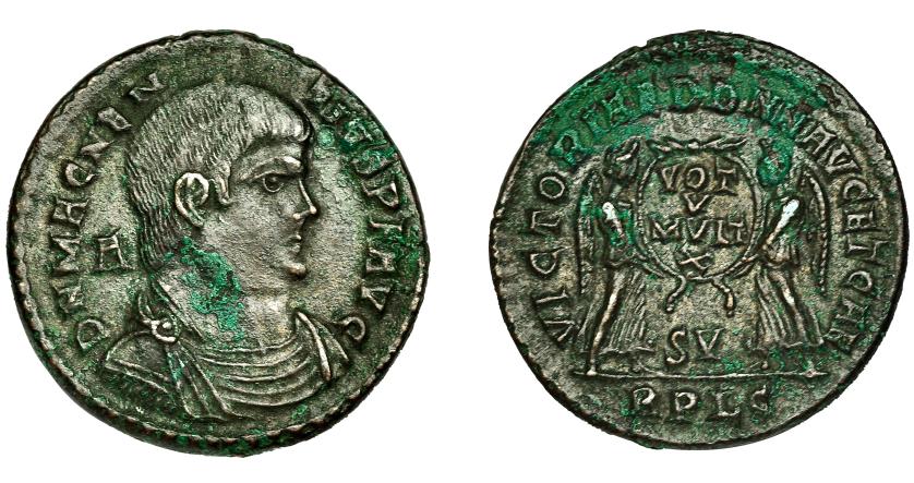 266   -  MAGNENCIO. Follis. Lugdunum (350-353). A/ Marca A. R/ Corona rodeando VOT/V/MVLT/X, debajo SVI; VICTORIAE DD NN AVG ET CAE, exergo RPLG. Ae 5,18 g. 23 mm. RIC-126. Concreciones. MBC/MBC+.