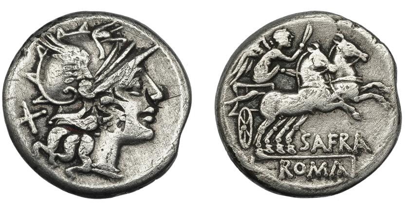 29   -  AFRANIA. Denario. Roma (150 a.C.). R/ Victoria en biga a der.; SAFRA. AR 3,73 g. 18,2 mm. CRAW-206.1. FFC-133. Contramarca en anv. MBC-/BC+.