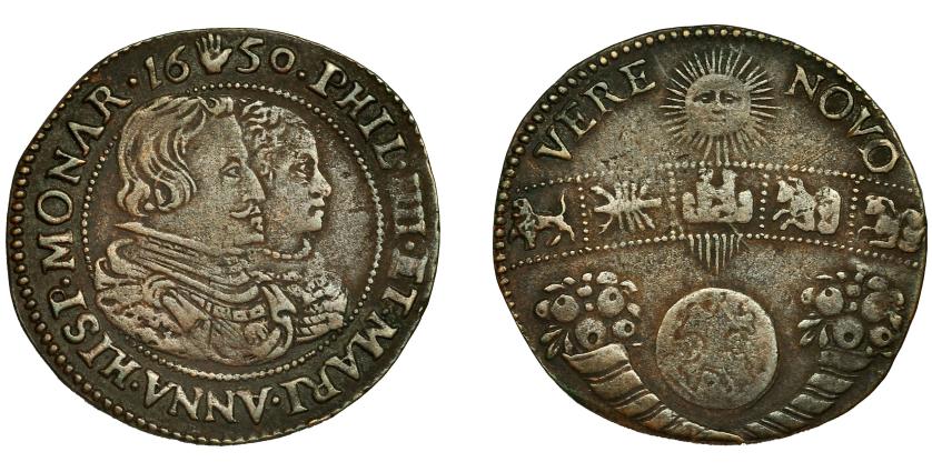 307   -  FELIPE IV. Jeton. 1650. Conmemoración de la boda real (1649). R/ VERE NOVO. Dugn.-4036. MBC-. Escasa.