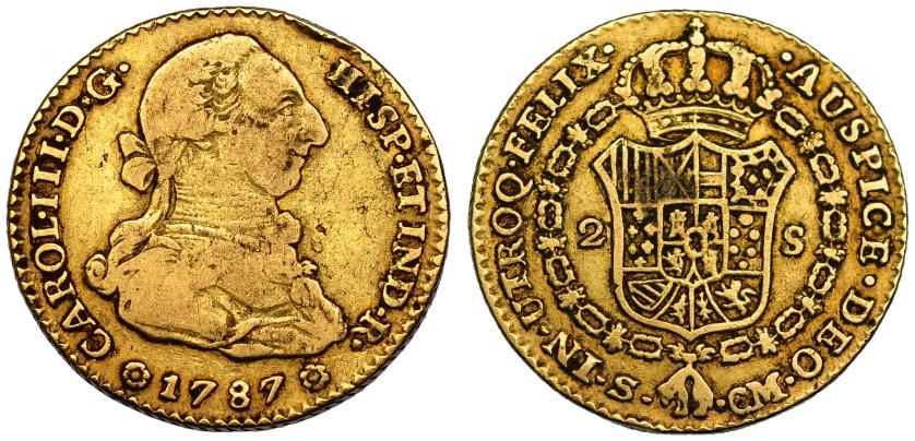 318   -  CARLOS III. 2 escudos. 1787. Sevilla. CM. VI-1423. Golpe en canto. MBC-