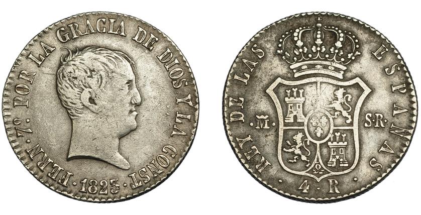 335   -  FERNANDO VII. 2 reales (valor 4 reales). 1823. Madrid. SR. VI-710. Vano en anv. y pequeñas marcas. MBC.