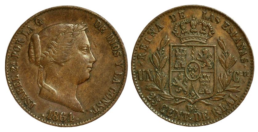 343   -  ISABEL II. 25 cts. de real. 1864. Barcelona. VI-144. Pequeñas marcas. MBC.