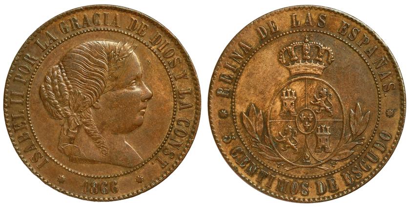 344   -  ISABEL II. 5 cts. de escudo. 1866. Barcelona. VI-197. EBC-.