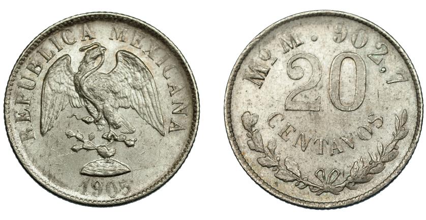 407   -  MÉXICO. 20 centavos. 1905. MO M. KM-405.2. Pequeñas marcas. EBC+.