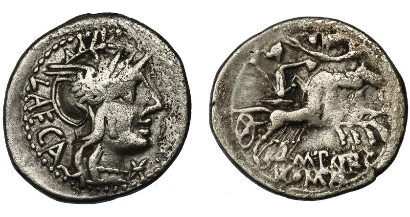 54   -  PORCIA. Denario. Roma (125 a.C.). R/ Ley. M. PORC. AR 3,82 g. 19,4 mm. CRAW-270.1. FFC-1051. Erosiones. BC+.