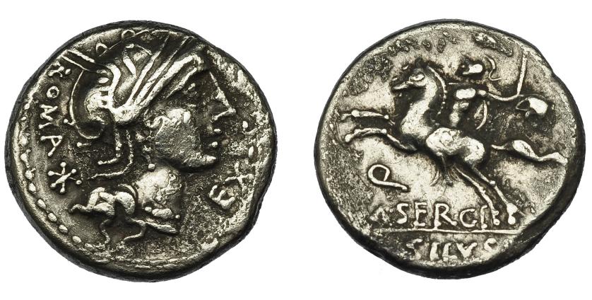 58   -  SERGIA. Denario. Roma (116-115 a.C.). R/ Ley. Q/M SERGI/SILVS. Ar 3,88 g. 17,5 mm. CRAW-286.1. FFC-1111. Concreciones. MBC.