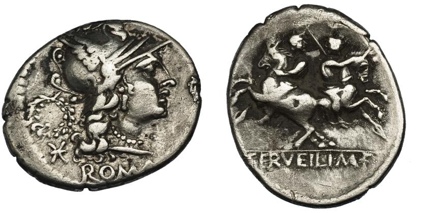 59   -  SERVILIA. Denario. Roma (136 a.C.). A/Corona detrás de la cabeza de Roma. R/ Ley. C. SERVEILI M F. Ar 3,42 g. 20,6 mm. CRAW-239.1. FFC-1116. MBC/BC+.