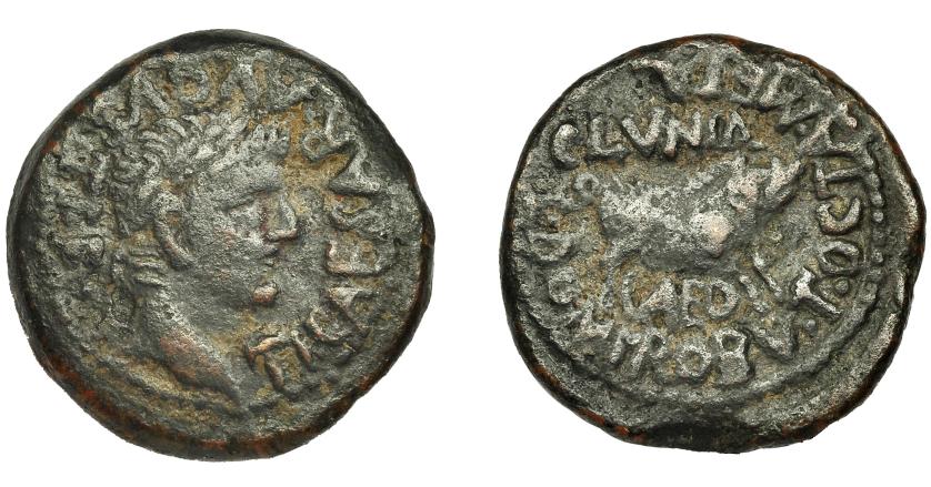 6   -  CLUNIA. Semis. Tiberio. A/ Cabeza laureada a der.; TI CAESAR AVGVSTI F. R/ Jabalí a der., encima CLVNIA, debajo AED; DOMI ROBV T OCTA METAL. AE 6,93 g. 21,8 mm. I-842. RPC-453. APRH-453. ACIP-3173. Pátina oscura. BC+.