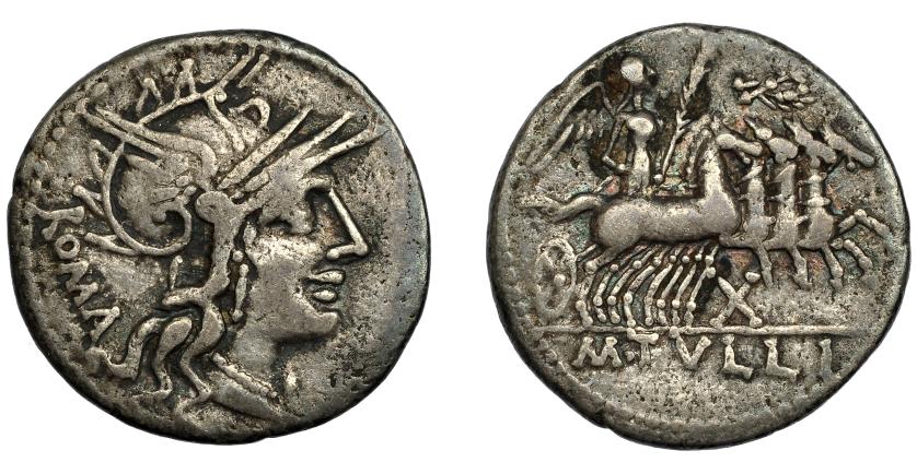 60   -  TULLIA. Denario. Roma (120 a.C.). R/ Victoria en cuadriga, encima corona, debajo X. Ar 3,75 g. 19,8 mm. CRAW-280.1. FFC-1162. MBC-. Venta privada en la Lonja del Almidón. Conserva sobre original.