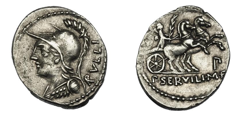 62   -  SERVILIA. Denario. Roma (100 a.C.). A/ Ley. RVLLI. R/ Símbolo P debajo de la biga. AR 3,83 g. 21,7 mm. CRAW-328.1. FFC-1118. MBC+.