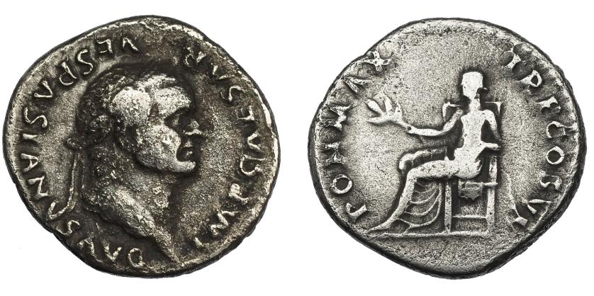 86   -  VESPASIANO. Denario. Roma (75 a.C.). R/ Pax entronizada a izq. con rama; PON MAX TR P COS VI. AR 3,03 g. 19 mm. RIC-772. MBC-/BC+.