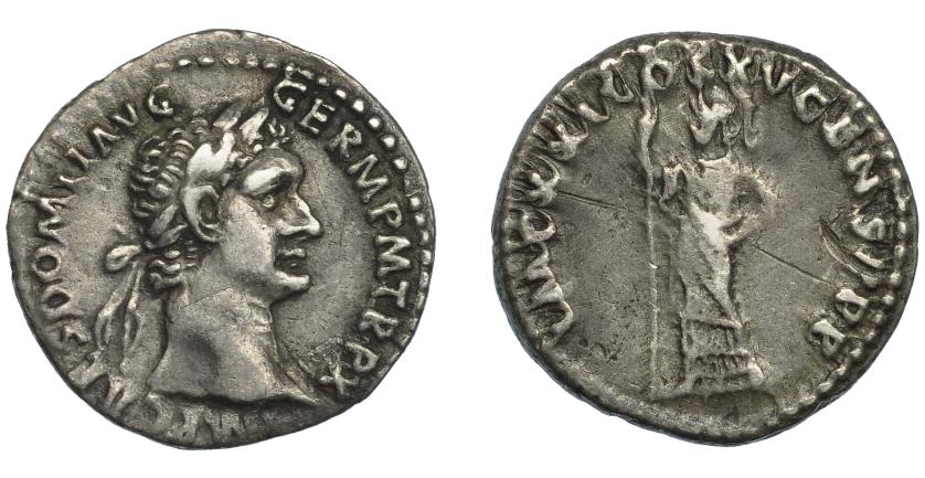 93   -  DOMICIANO. Denario. Roma (90-91 d.C.). R/ Minerva a izq. Con haz de rayos y lanza; IMP XXI COS XV CENS P P P. AR 3,2 g. 19 mm. RIC-154. Raya en anv. MBC/MBC-.