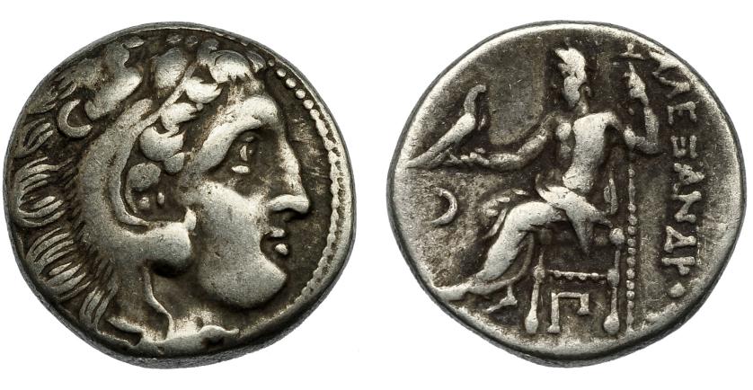 2107   -  GRECIA ANTIGUA. MACEDONIA. A nombre de Alejandro III. Dracma. Colofón (310-301 a.C.). R/ Delante creciente y debajo del trono letra Pi. PRC-1813. AR 4,2 g. 16 mm. MBC-/BC+.