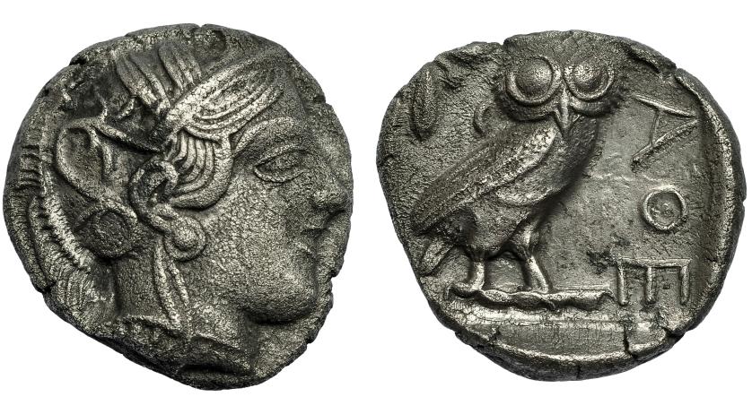 2110   -  GRECIA ANTIGUA. ÁTICA. Atenas. Tetradracma (420-410 a.C.). A/ Cabeza de Atenea con casco decorado a der. R/ Lechuza a der., detrás rama de olivo y ley. griega. AR 16,3 g. 24,6 mm. SBG-2526. Superficies erosionadas. MBC.