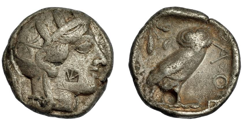 2112   -  GRECIA ANTIGUA. ÁTICA. Atenas. Tetradracma (403-365 a.C.). A/ Cabeza de Atenea con casco decorado a der. R/ Lechuza a der., detrás rama de olivo y ley. griega. AR 16,3 g. 25,1 mm. SBG-2526. contramarca en anv. y punzón en rev. MBC-/BC+.