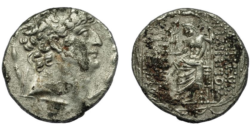 2117   -  GRECIA ANTIGUA. REINO SELÉUCIDA. Filipo I. Tetradracma. Antioquía (93-83 a.C.). R/ Zeus entronizado a izq. con Nike y cetro; bajo el trono monograma AI. AR 27,2 g. 14,8 mm. COP-425. SBG-7196 vte. Oxidaciones. MBC-.