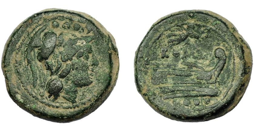 2148   -  REPÚBLICA ROMANA. Acuñaciones anónimas. Triens. Roma (22-108 a.C.). A/ Cabeza de Minerva a der., encima valor. R/ Proa a der., encima Victoria y ROMA, debajo valor. AE 15,97 g. 26,4 mm. CRAW-61.4. Pátina verde. MBC-/BC+.