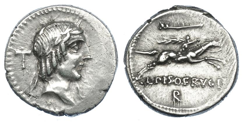 2159   -  REPÚBLICA ROMANA. CALPURNIA. Denario. Roma (90 a.C.). A/ Detrás de la cabeza de Apolo T, debajo I. R/ Encima símbolo, debajo R. AR 3,89 g. 18,4 mm. CRAW-340.1. FFC-286. Vanos de acuñación. MBC+.