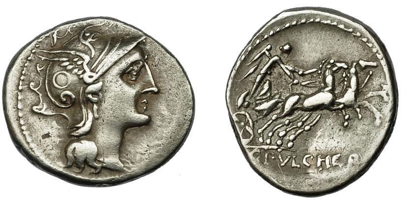 2160   -  REPÚBLICA ROMANA. CLAUDIA. Denario. Roma (110-109 a.C.). R/ Victoria en biga a der.; C PVLCHER. AR 3,95 g. 18,7 mm. CRAW-300.1. FFC-565. MBC.