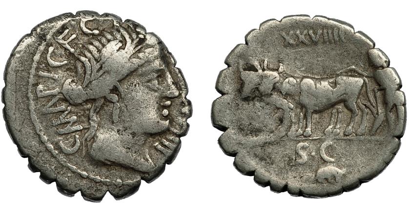 2168   -  REPÚBLICA ROMANA. MARIA. Denario. Roma (81 a.C.). A/ Marca número. R/ Yunta fundacional a der., encima marca XXVIIII, bajo exergo SC y debajo símbolo. AR 3,82 g. 18,4 mm. CRAW-378b. FFc-900- BC+. Escasa.