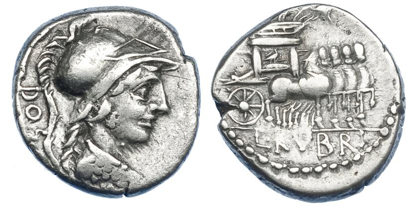 2174   -  REPÚBLICA ROMANA. RUBRIA. Denario. Roma (87 a.C.). R/ Carro triunfal a der.; L RVBRI. AR 4,02 g. 17,5 mm. CRAW-348.3. FFC-1093. Rayita en anv. MBC-. Escasa.