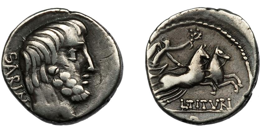 2176   -  REPÚBLICA ROMANA. TITURIA. Roma (89 a.C.). A/ SABIN. R/ Victoria con corona en biga a der.; debajo L TITVRI, en exergo letra. AR 3,71 g. 17,2 mm. CRAW-344.3. FFc-1149. Pequeñas marcas. MBC/MBC-.