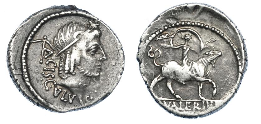 2177   -  REPÚBLICA ROMANA. VALERIA. Denario. Roma (45 a.C.). A/ Estrella encima de Apolo. R/ L VALERIVS. AR 3,73 g. 19,6 mm. CRAW-474.1a. FFC-1173. MBC-.
