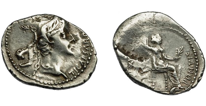 2191   -  IMPERIO ROMANO. TIBERIO. Denario. Lugdunum (36-37 d.C.). A/ Cabeza laureada a der., TI CAESAR DIVI AVG F AVGVSTVS. R/ Livia entronizada a der. con rama y cetro, en trono con patas ornamentadas y sobre línea; PONTIF MAXIM. AR 3,59 g. 17,9 mm. RIC-30. Amplio vano en rev. Acuñación de anv. sobre un rev. MBC.