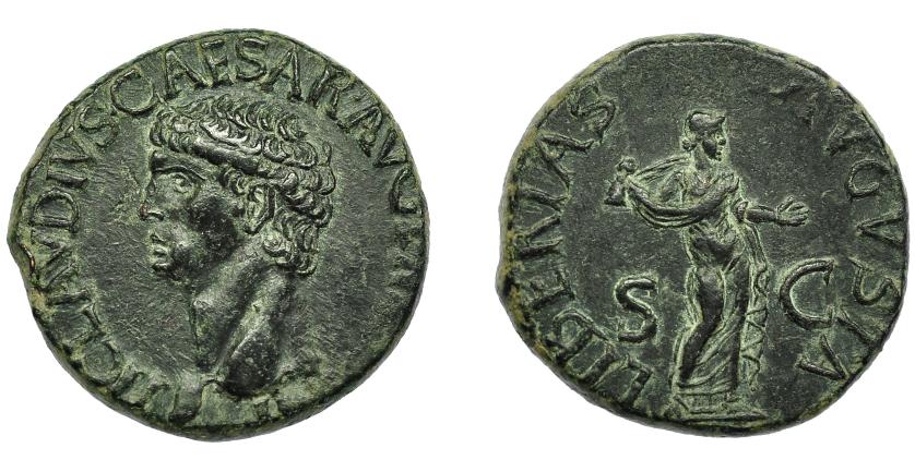 2192   -  IMPERIO ROMANO. CLAUDIO I. As. Roma (50-54 d.C.). A/ Cabeza a izq.; TI CALVSIVS CAESAR AVG P M TR P IMP P P. R/ Libertas con pileus; LIBERTAS AVGVSTA, SC. AR 11,75 g. 26,9 mm. RIC-113. Pátina verde oscuro. MBC+.