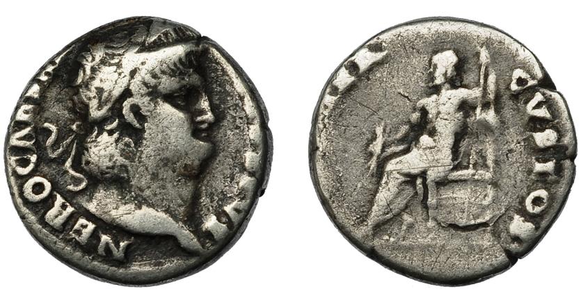 2193   -  IMPERIO ROMANO. NERÓN. Denario. Roma (64-65 d.C.). R/ Júpiter sentado a izq.; IVPPITER CVSTOS. AR 3,01 g. 15,7 mm. RIC-53. BC+/BC.