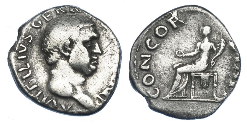 2194   -  IMPERIO ROMANO. VITELIO. Denario. Roma (69 d.C.). A/ Cabeza a der.; A VITELLIVS GERM(ANICVS) IMP. R/ Concordia sentada a izq. con pátera y cornucopia; CONCOR(DIA P R). AR 3,05 g. 18,2 mm. RIC-66. MBC-. Escasa.