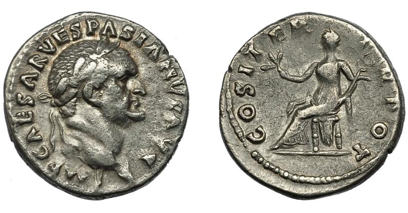 2196   -  IMPERIO ROMANO. VESPASIANO. Denario. Roma (70). A/ Cabeza laureada a der. R/ Pax sentada a izq. con rama y caduceo; COS ITER TR POT. AR 3,12 g. 17,4 mm. MBC+/MBC.