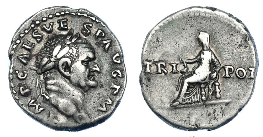 2197   -  IMPERIO ROMANO. VESPASIANO. Denario. Roma (71 d.C.). R/ Vesta sentada a izq. con símpulo; TRI POT. AR 3,26 g. 19 mm. RIC-46. MBC/BC+.