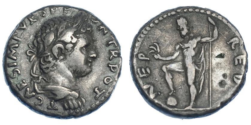 2198   -  IMPERIO ROMANO. TITO (como césar). Denario. Antioquía (72). A/ Busto laur., drapeado y con coraza a der.; T CAES IMP VESP PON TR POT. R/ Neptuno a izq. con pie sobre globo y sosteniendo acrostolium y cetro; NEP RED. AR 3,21 g. 15,6 mm. RIC-1561. Golpes en rev. MBC/MBC-. Rara. Venta privada en La Lonja del Almidón. Conserva sobre original.