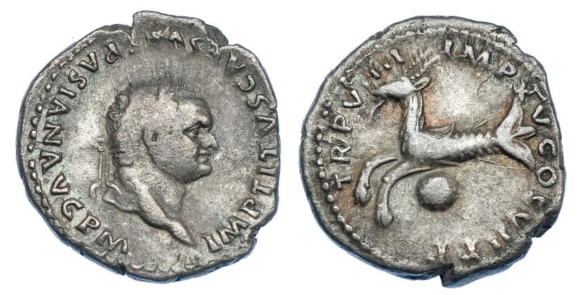 2199   -  IMPERIO ROMANO. TITO. Denario. Roma (79). A/ Busto laureado a izq.; IMP TITVS CAES VESPASIAN AVG P M. R/ Capricornio a izq., debajo globo; TR P VIIII IMP XV COS VII P P. AR 3,27 g. RIC-37. BC+/MBC-. Rara. Venta privada en La Lonja del Almidón. Conserva sobre original.