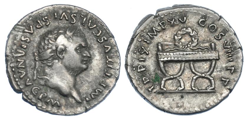 2201   -  IMPERIO ROMANO. TITO. Denario. Roma (80 d.C.). R/ Trono de Marte y Venus: silla curul con corona encima; TR P IX IMP XV COS VIII P P. AR 3,49 g. 18,9 mm. RIC-108. Pátina gris. MBC.