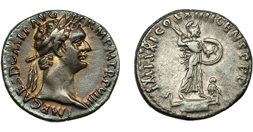 2206   -  IMPERIO ROMANO. DOMICIANO. Denario. Roma (89 d.C.). R/ Minerva avanzando a der. con lanza y escudo; IMP XXI COS XIIII CENS P P P. AR 2,97 g. 18,1 mm. RIC-685. MBC+/MBC.