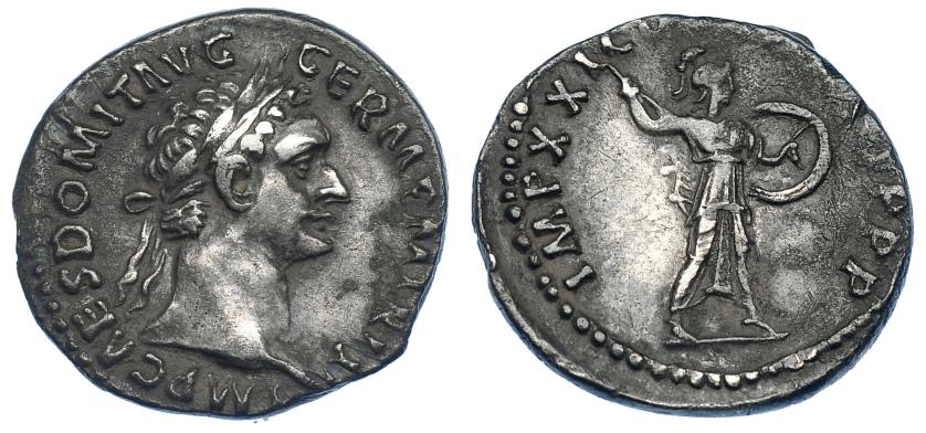 2207   -  IMPERIO ROMANO. DOMICIANO. Denario. Roma (89 d.C.). R/ Minerva avanzando a der. con lanza y escudo; IMP XXI C(…). AR 3,06 g. 18,6 mm. RIC-728. MBC.